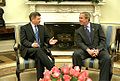Image 21Norwegian Prime Minister Kjell Magne Bondevik met with U.S. President George W. Bush at the Oval Office in White House, on 27 May 2003. (from History of Norway)