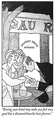 An interior sketch by illustrator Ralph Barton depicting two flappers being greeted by a Frenchman at a cafe who is kissing their hand.