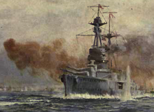 Watercolour painting of Royal Oak under war conditions. Smoke issues from her barrels and water spouts from a near miss from an enemy shell.