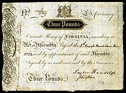 Three pounds sterling colonial banknote signed by Peyton Randolph and John Blair Jr.