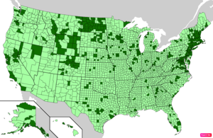 Counties in the United States by per capita income according to the U.S. Census Bureau American Community Survey 2013–2017 5-Year Estimates.[240] Counties with per capita incomes higher than the United States as a whole are in full green.