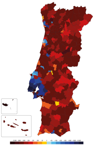 Population change by municipality in Portugal between 2011 and 2020.