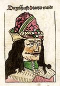 A woodcut depicting Vlad on the title page of a German pamphlet about him, published in Nuremberg in 1488