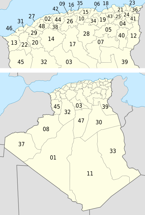 Map of the provinces of Algeria numbered according to the official order.