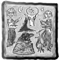 Outline of an image on stove remains excavated at the Piatra Neamț Fortress, showing the aurochs coat of arms of Moldavia