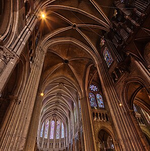 The vaults of the roof, connected by stone ribs to the pillars below, combined with the flying buttresses outside make possible thinner walls, and the great height and large windows of the cathedral