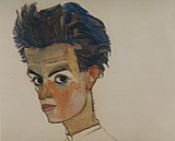 Austrian painter Egon Schiele (1890–1918) self-portrait from 1910. → Sonderbund westdeutscher Kunstfreunde und Künstler