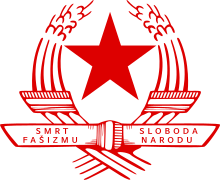 ZAVNOH emblem, a red star and "Death to Fascism – Freedom for the People"