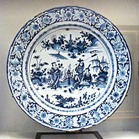 Blue and white faience with Chinese scene, Nevers faience, France, 1680-1700.