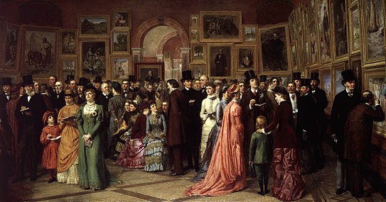 A Private View at the Royal Academy, 1881, 1883, one of Frith's "panoramas", depicting the art-world of his day at a private view, and satirising the influence of Oscar Wilde and the Aesthetic movement. Wilde is the main figure at the right, standing in front of the boy wearing green.
