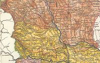 Leibnitz gehörte bis in die Mitte des 19. Jahrhunderts zum Marburger Kreis (gelb), die Grenze zum Grazer Kreis (rotbraun) verlief im Murtal beim Teufelsgraben, Darstellung um 1855