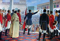 Painting of Jose de San Martin, seen from behind, gesturing to a large crowd