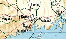 Map of Kampala and surrounding locales, including Mpigi, Entebbe, Bombo, and Jinja