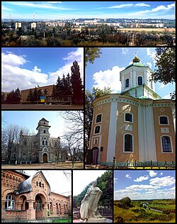 Clockwise from top right: Skyline of the town, Elias Church (1786), Panski Hory Reserve, Monument to Taras Shevchenko, Former Hospital (1913), Zlatopil Gymnasium, Central Square
