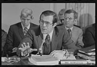 Secretary of Defense Donald Rumsfeld testifying at Senate Armed Services Committee hearing on the Defense Department budget on March 9, 1976