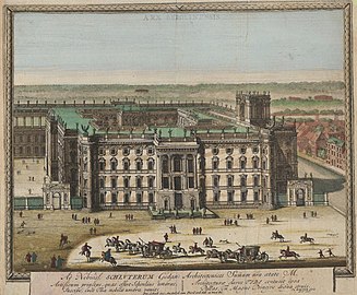 The newly built residence (replacement palace) in 1702 (as depicted by Schenk). Note the missing dome, added only in 1845.