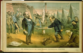 Cartoon showing Ulysses S. Grant handing a sword to James Garfield, who is holding a rolled-up paper