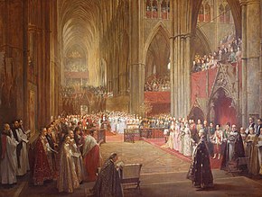 A painting of many people in fine robes and dresses standing inside the abbey. In the middle distance, Queen Victoria sits on a chair raised on a platform.