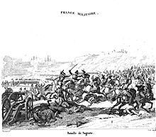 Black and white print shows cavalrymen fighting in the foreground, while a battle rages in the background.