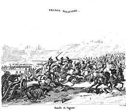 Print of a furious melee with cavalrymen hacking at each other with swords and an abandoned cannon in the left foreground