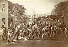 Depiction of the destruction of W.W Phelp's printing shop in Independence, Missouri