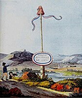 A liberty pole marking the French border at the Moselle river (modern Luxembourg) in 1793, drawn by Johann Wolfgang von Goethe. "Cette terre est libre" ("this land is free")