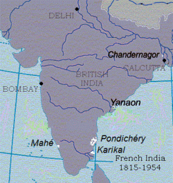 French India (shaded in white) after 1815