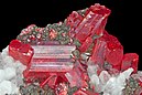 Crystals of realgar, quartz, chalcopyrite and galena, from Quiruvilca Mine, La Libertad, Peru
