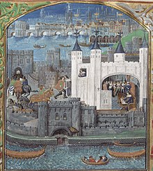 A medieval cityscape. A fantastical version of the Tower of London stands in the foreground, with the River Thames around it. London Bridge can be seen in the distance.