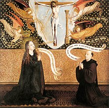 15th-century painting showing two people kneeling before a crucifix