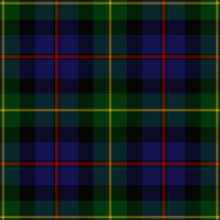 A bold tartan of gree and blue with black bars and thin yellow (on green) and red (on blue) over-checks