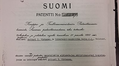 Part of the patent letter given to A. I. Virtanen and his employer for the AIV silage method in 1931