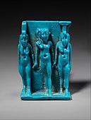 Amulet which depicts a triad of Isis, Horus and Nephthys; 664–332 BC; faience; height: 4.5 cm, width: 3 cm, depth: 2.2 cm; Metropolitan Museum of Art (New York City)