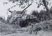 Ein Sherman-Panzer mit Culin Hedgerow Cutter an der Front durchquert eine Wallhecke
