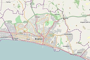 Map of Brighton and Hove showing churchyards and chapel burial grounds (blue) and cemeteries (red). Hover over points to see their name.