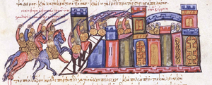 Medieval miniature showing cavalry and infantry scaling ladders to capture a fortress
