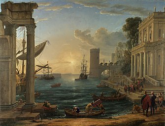 The Embarkation of the Queen of Sheba; by Claude Lorrain; 1648; oil on canvas; 149.1 × 196.7 cm; National Gallery, London