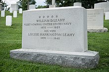 The stone has five stars and an inscription that reads: Fleat Admiral William D. Leahy Fleet Admiral United States Navy 1875–1959 his wife Louise Harrington Leahy 1876–1942