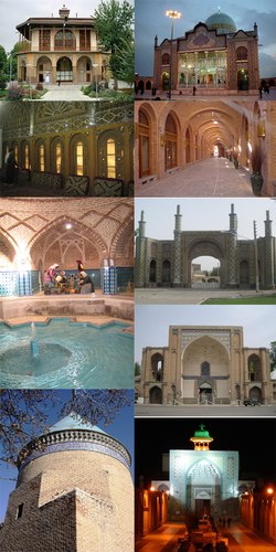 Left: Chahel Stoun Palace, Aminiha Hosseiniyeh, Anthropology Qajar Bath Musume, Tomb of Hamdollah Mostofi, Right: Shazdeh Hosein Shrine, Caravanserai of Sa'd al-Saltaneh, Qazvin Ghadim Gate, Qazvin Jameh Mosque, Al-Nabi Mosque of Qazvin (all items are from above to bottom)
