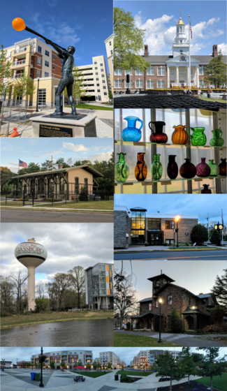 Clockwise from top right: Glassblower statue, Bunce Hall at Rowan University, glass bottles from area glassworks, Glassboro Municipal Building, Whitney Mansion, panorama of the Rowan Boulevard downtown area, Glassboro Water Tower, and Historic West Jersey Depot (old train station)