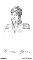 Sketch of a wavy-haired man in a high-collared military uniform with epaulettes.