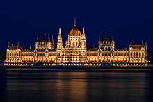 Riverside of the Hungarian Parliament Building at night