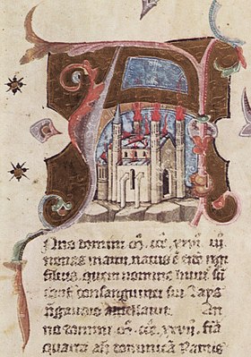 Chronicon Pictum, Hungarian, Székesfehérvár, church, Romanesque cathedral, flames, burn, medieval, chronicle, book, illumination, illustration, history