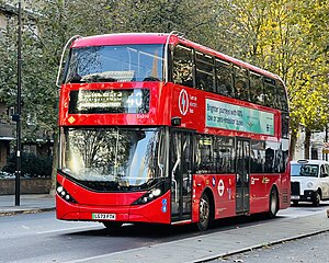 A Go-Ahead London red double-decker bus partially displaying a display for route 40 in Southwark, London