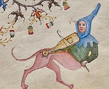 A left-handed half-man, half-beast playing the vielle, detail of one of the margins of the book of hours of Charles the Noble