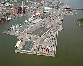 Aerial view of Sörnäinen Harbour in 1994, looking north, with the Hanasaari Power Plant seen on the left