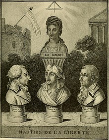 Contemporary print showing Lyon Jacobin Joseph Chalier as a martyr for Liberty, together with Marat and Le Peletier de St Fargeau (all assassinated in 1793)
