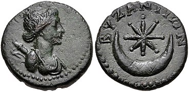 Roman-era coin with Greek inscription (1st century AD) with a bust of Artemis on the obverse and an eight-rayed star within a crescent on the reverse side.