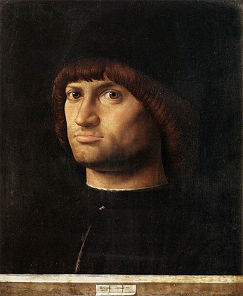 Il Condottiere, c. 1475, Antonello. Louvre, Paris. Antonello's method of lighting the face may have inspired Leonardo.[37]