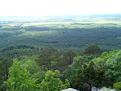 Green vista from a high point on Petit Jean Mountain looks down on trees under a blue sky.